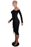 Zwarte mode sexy effen patchwork trekkoord schuine kraag lange mouwen jurken