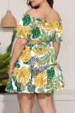 Green Yellow Vacation Print Patchwork Off the Shoulder Cake Skirt Plus Size Two Pieces