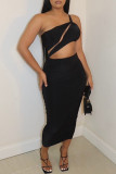 Zwarte mode Sexy effen uitgeholde rugloze mouwloze jurkjurken met één schouder