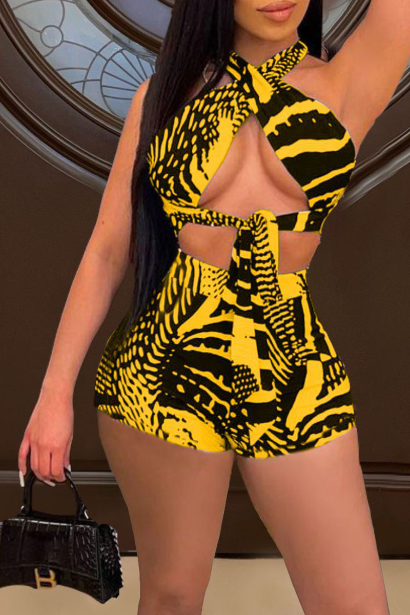 

Yellow Sexy Print Bandage Hollowed Out Split Joint Asymmetrical Halter Sleeveless Two Pieces