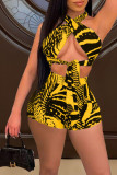 Yellow Sexy Print Bandage Hollowed Out Patchwork Asymmetrical Halter Sleeveless Two Pieces