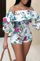 White Casual Print Patchwork Off the Shoulder Straight Rompers