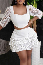 White Fashion Sexy Solid Patchwork Backless Square Collar Half Sleeve Two Pieces