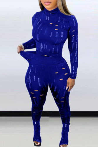 Blue Fashion Sexy Solid Ripped See-through Turtleneck Long Sleeve Two Pieces