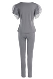 Серый модный взрослый активный однотонный костюм из двух предметов с рюшами пэчворк карандаш с коротким рукавом