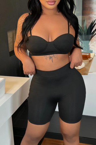 Black Sexy Solid Patchwork Spaghetti Strap Sleeveless Two Pieces