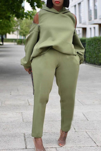 Green Casual Solid Patchwork Zipper Hooded Collar Plus Size Two Pieces