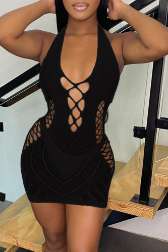 Black Sexy Solid Patchwork V Neck Pencil Skirt Dresses