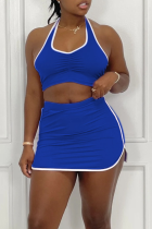 Blue Sexy Solid Patchwork Halter Sleeveless Two Pieces