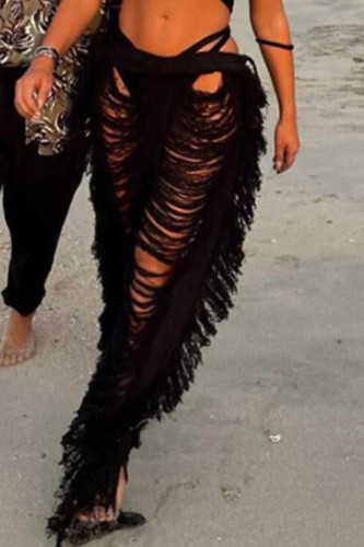 Black Sexy Solid Tassel Hollowed Out Patchwork Straight High Waist Straight Solid Color Bottoms