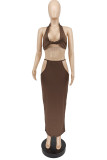 Coffee Fashion Sexy Solid Hollowed Out Backless Halter Sleeveless Two Pieces