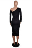 Black Fashion Sexy Solid Patchwork Draw String Oblique Collar Long Sleeve Dresses
