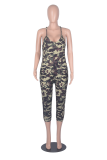 Army Green Sexy Print Patchwork Spaghetti Strap Skinny Jumpsuits