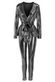 Silver Fashion Slim Long-Sleeve V-Neck Two-Piece Set