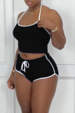 Purple Sportswear Solid Patchwork Halter Sleeveless Two Pieces Halter Crop Top And Shorts Set