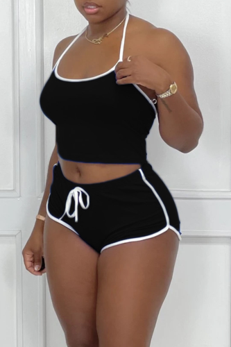 Black Sportswear Solid Patchwork Halter Sleeveless Two Pieces Halter Crop Top And Shorts Set