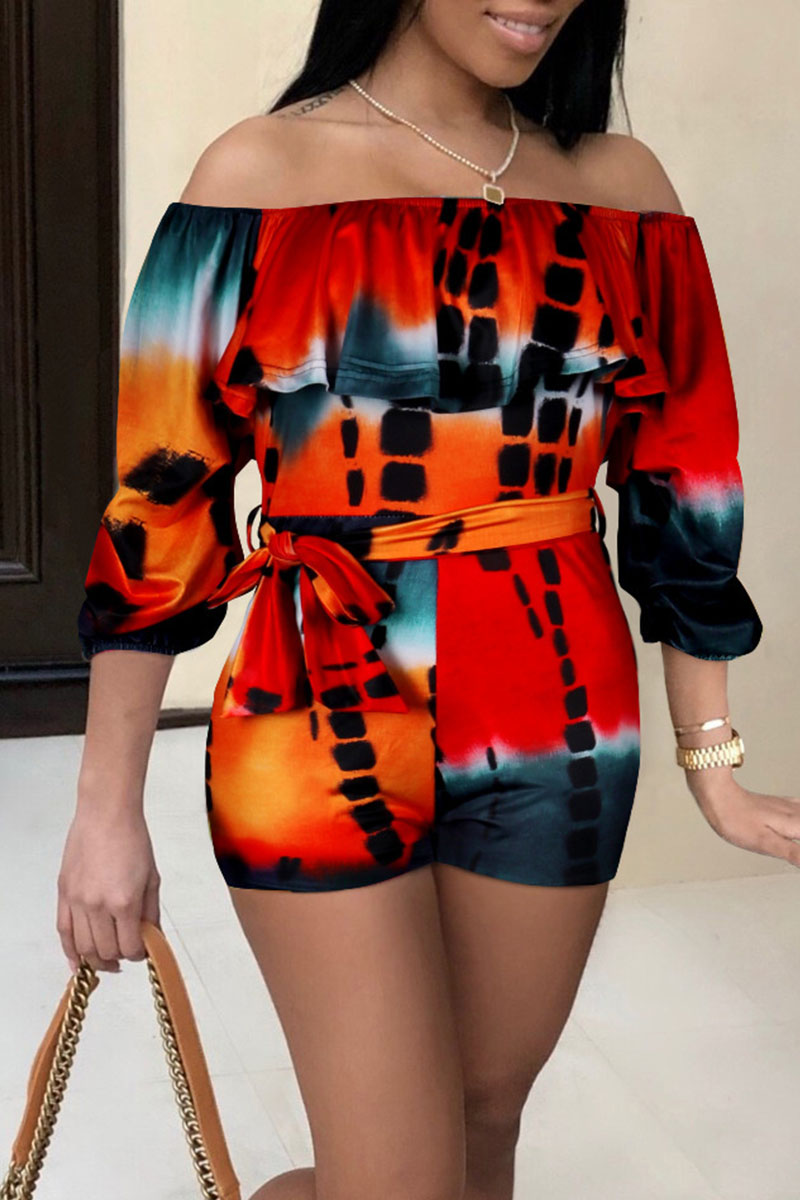 

Red Orange Casual Print Split Joint Off the Shoulder Straight Jumpsuits