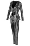 Silver Fashion Slim Long-Sleeve V-Neck Two-Piece Set