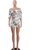 White Casual Print Patchwork Off the Shoulder Straight Rompers