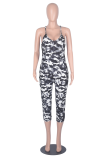Blå sexigt tryck Patchwork Spaghetti Strap Skinny Jumpsuits
