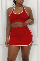 Red Sexy Solid Patchwork Halter Sleeveless Two Pieces