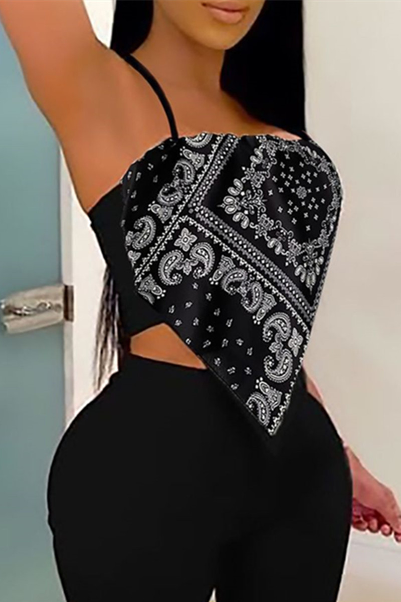 

Black Fashion Sexy Print Split Joint Backless Asymmetrical Spaghetti Strap Tops