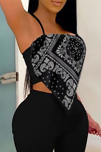 Black Fashion Sexy Print Split Joint Backless Asymmetrical Spaghetti Strap Tops
