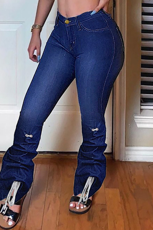 Dunkelblaue, modische, lässige, solide Basic-Jeans mit hoher Taille