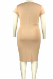 Хаки Повседневная Элегантная однотонная лоскутная юбка с круглым вырезом на один шаг Платья больших размеров