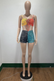 Red Green Fashion Print Patchwork Spaghetti Strap Sleeveless Two Pieces