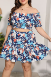 Grön Gul Vacation Print Patchwork Off the Shoulder Cake Skirt Plus Size Two Pieces