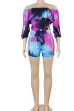 Blue Purple Casual Print Patchwork Off the Shoulder Straight Rompers