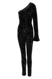 Black Fashion Sexy Patchwork Sequins Backless Oblique Collar Skinny Jumpsuits