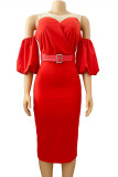 Röd mode sexig solid urholkad lapptäcke med bälte o-hals klänningar