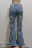 Jeans denim normali a vita alta strappati casual alla moda blu baby (senza catena in vita)