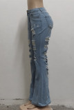 Baby Blue Fashion Casual Solid High Waist Regular Flare Leg Ripped Denim Jeans(Without Waist Chain)