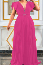 Rose Pink Elegant Solid Patchwork Fold V Neck Loose Jumpsuits
