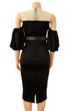 Black Fashion Sexy Solid Hollowed Out Patchwork With Belt O Neck Dresses