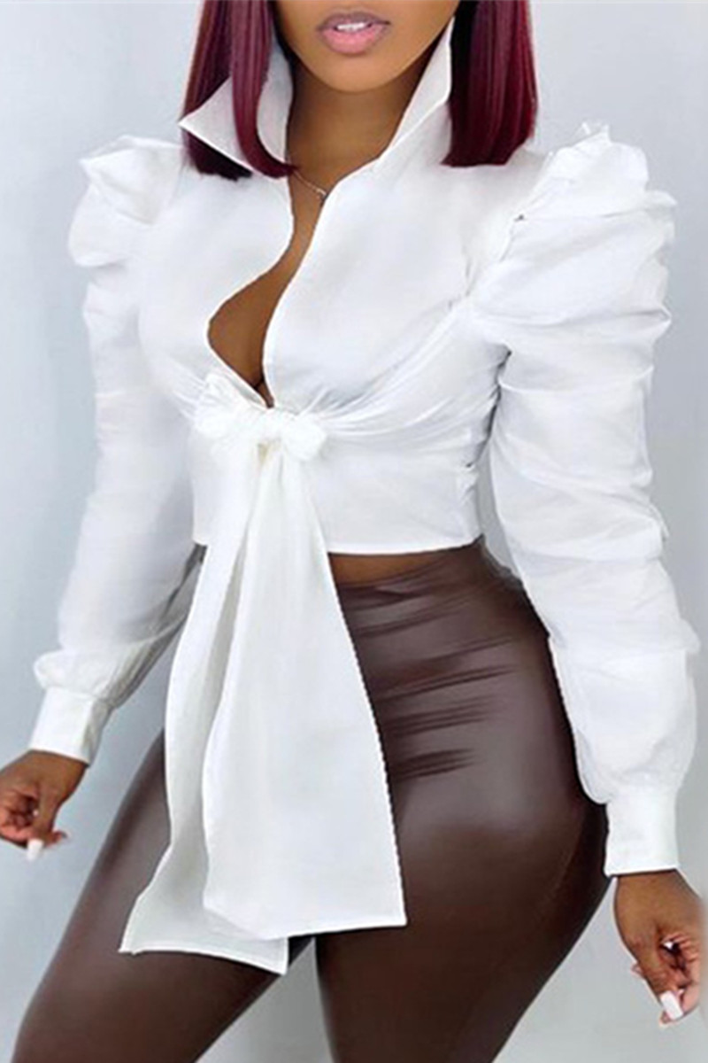 

White Fashion Casual Solid Bandage Turndown Collar Tops