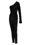 Black Fashion Sexy Patchwork Sequins Backless Oblique Collar Skinny Jumpsuits
