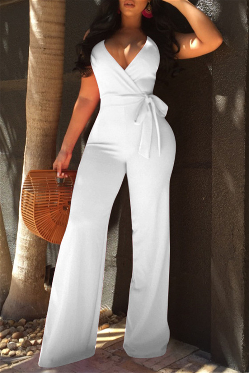 

White Sexy Casual Solid Backless V Neck Regular Jumpsuits