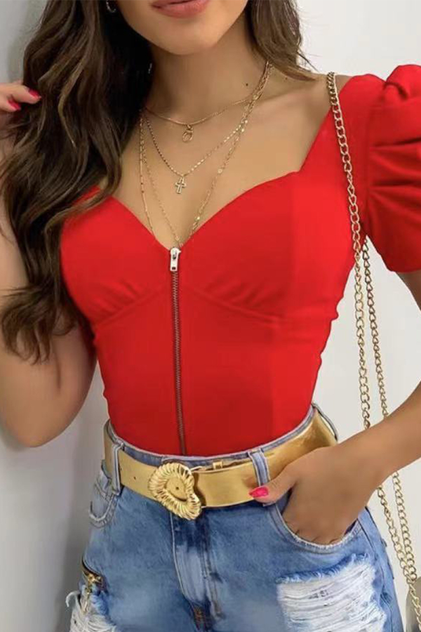 Red Sexy Solid Patchwork Square Collar T-Shirts