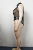 Zwarte Sexy Effen Uitgeholde Patchwork Rits Rits Kraag Plus Size Jumpsuits