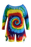 Red Fashion Casual Rainbow Print Pride Day Tie Dye Asymmetrical Oblique Collar Plus Size Two Pieces Short Sets