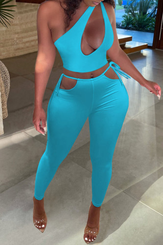Baby Blue Fashion Sexy Solid Hollowed Out Backless One Shoulder Sleeveless Two Pieces