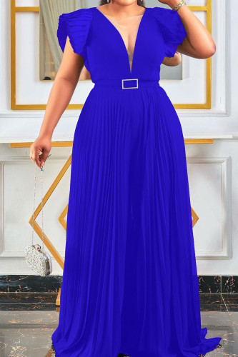Blue Elegant Solid Patchwork Fold V Neck Loose Jumpsuits