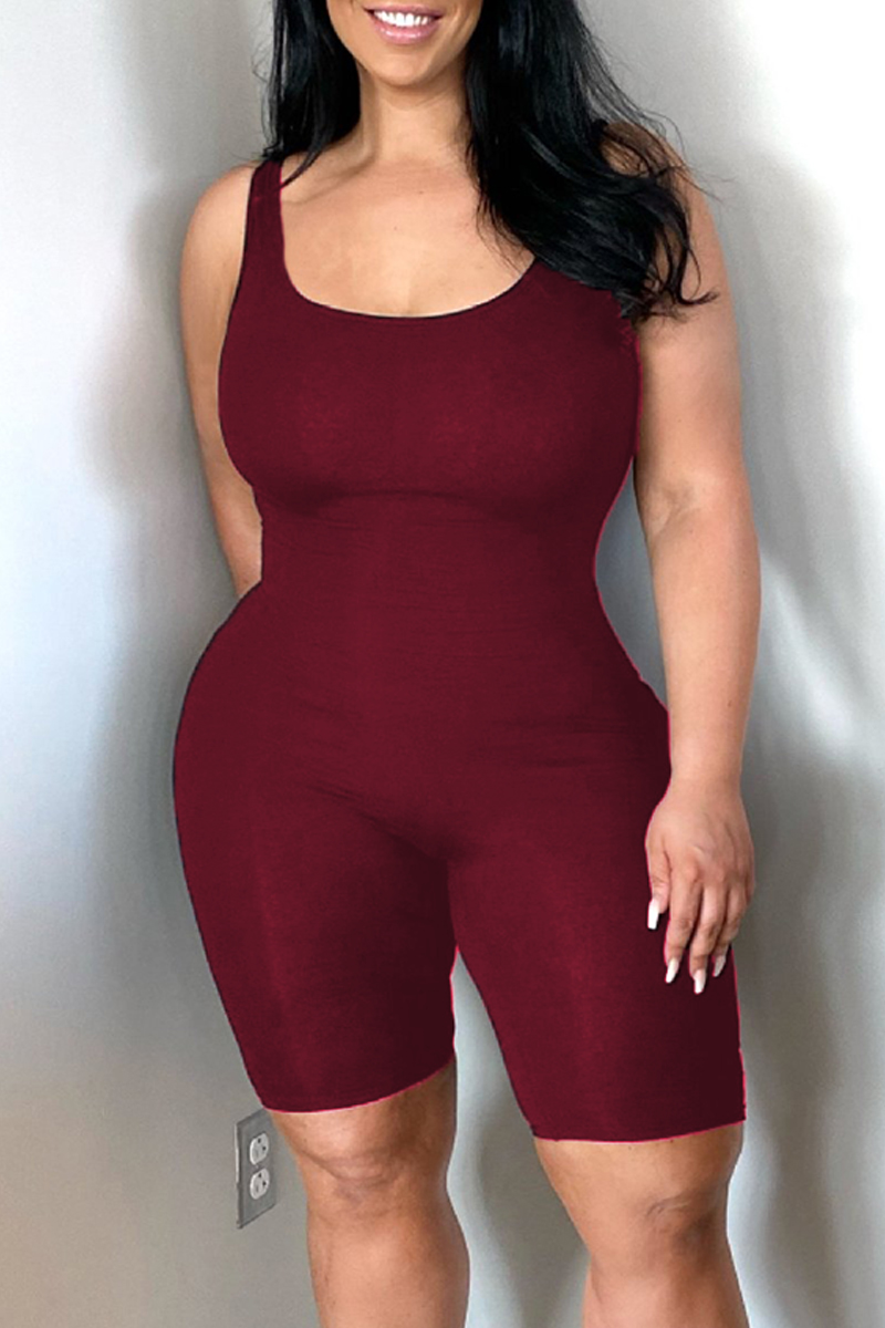 

Burgundy Sexy Casual Solid Basic U Neck Skinny Romper