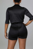 ブラックファッションカジュアルソリッドベーシックターンダウンカラー半袖ツーピース