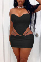 Black Sexy Solid Split Joint Asymmetrical Strapless Sleeveless Two Pieces