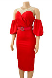 Röd mode sexig solid urholkad lapptäcke med bälte o-hals klänningar